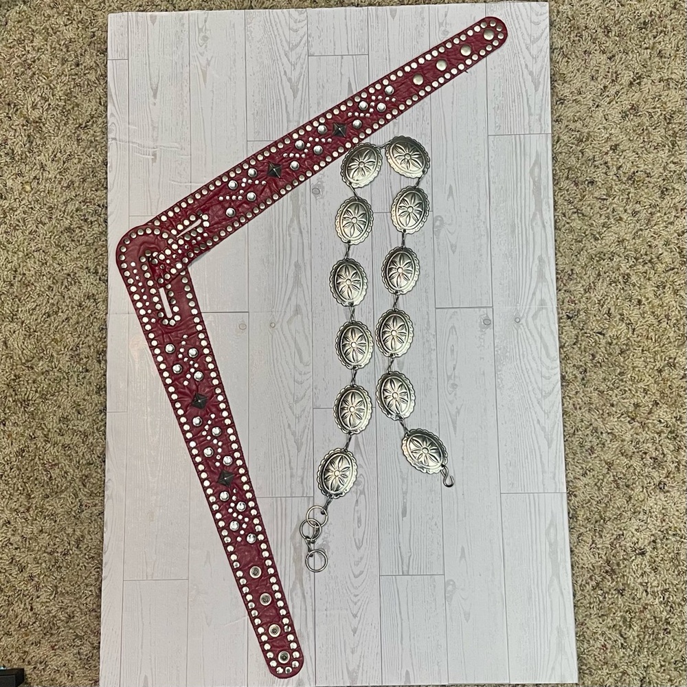 Western Red Leather & Rhinestone Belt &Silver Tone Concho Belt. Small to Medium
